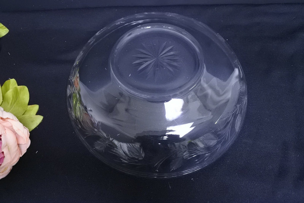 Vintage Glass Serving Bowl Etched Leaves Scalloped Rim