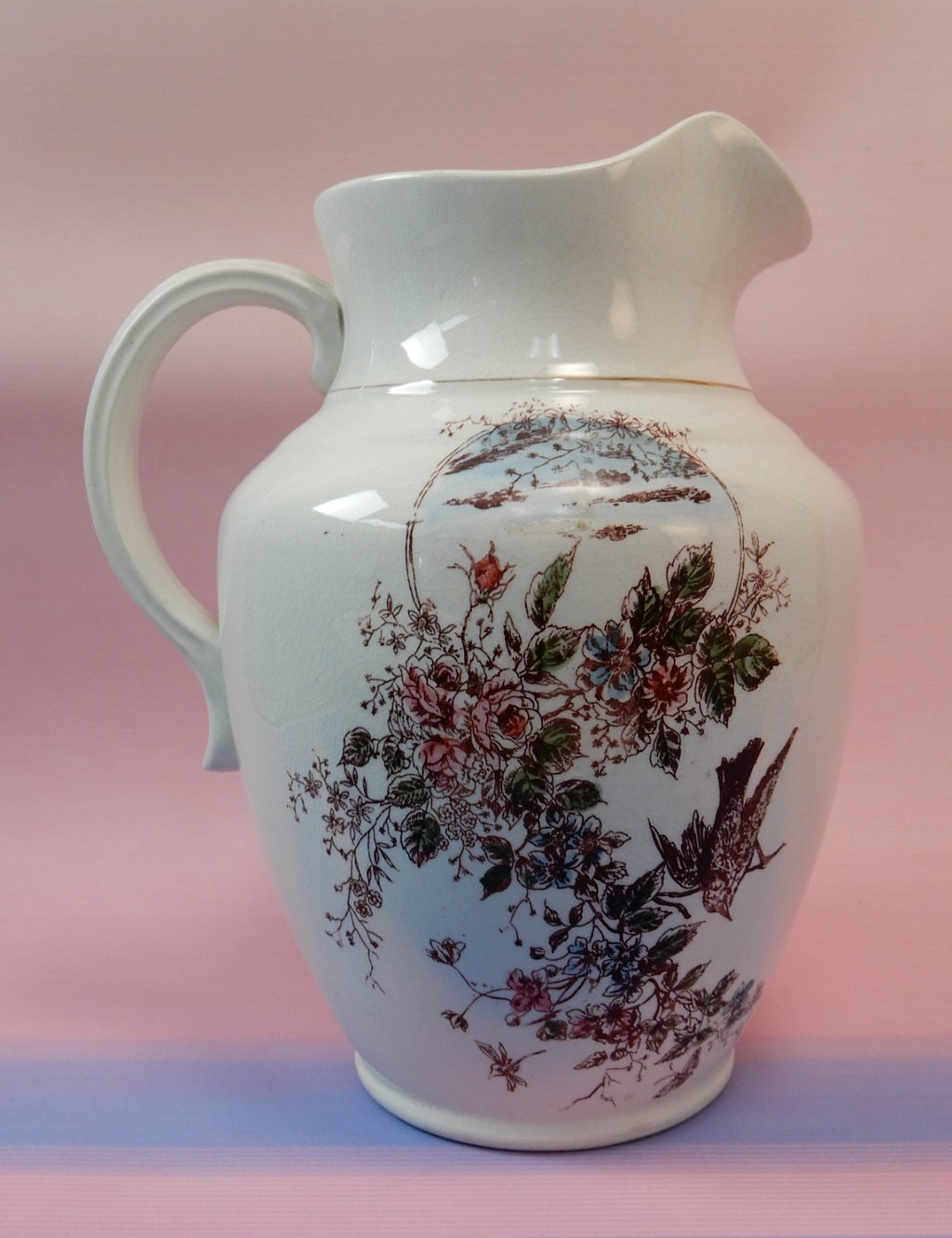 Antique The wick Company Transerware Ironstone Pottery Wash Bowl and Pitcher Set