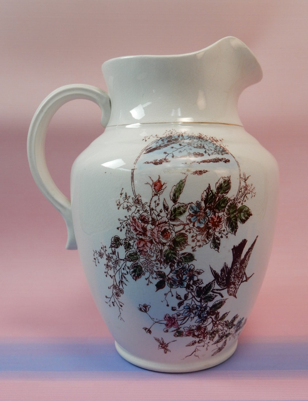 Antique The wick Company Transerware Ironstone Pottery Wash Bowl and Pitcher Set