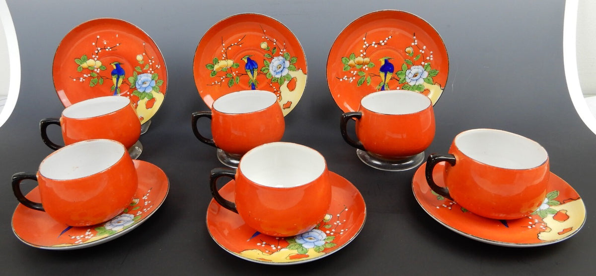 Set of 6 Chikaramachi Japan Hand Painted Bird Asian Florals Cup and Saucer