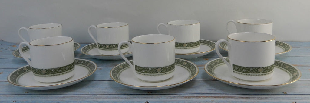 Royal Doulton Rondelay Gold Green Band H5004 Set of 7 Espresso Cups and Saucers