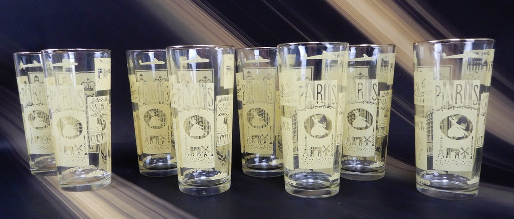 8 Piece Vintage High Ball Yellow Glass Travel Tumblers World Destination 16 oz