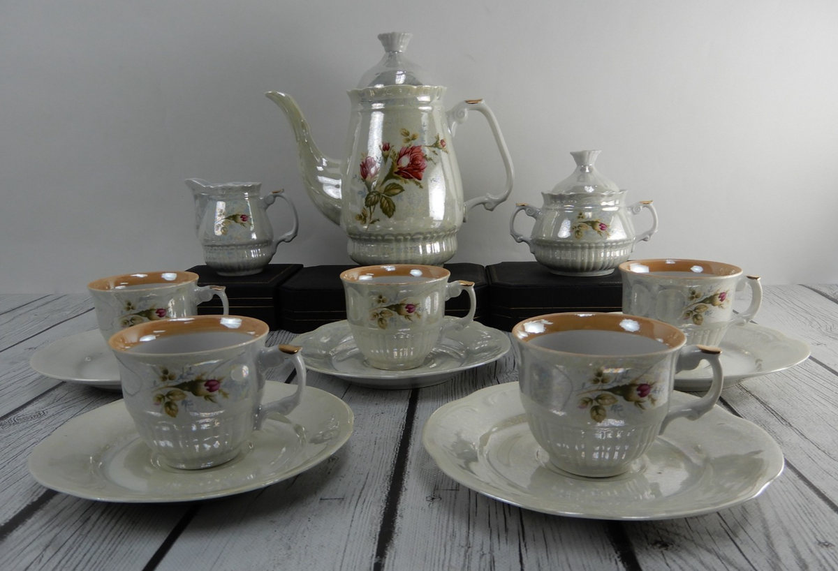 Vintage Iridescent Wloclawek Porcelain 13 Piece Tea Service Poland Set