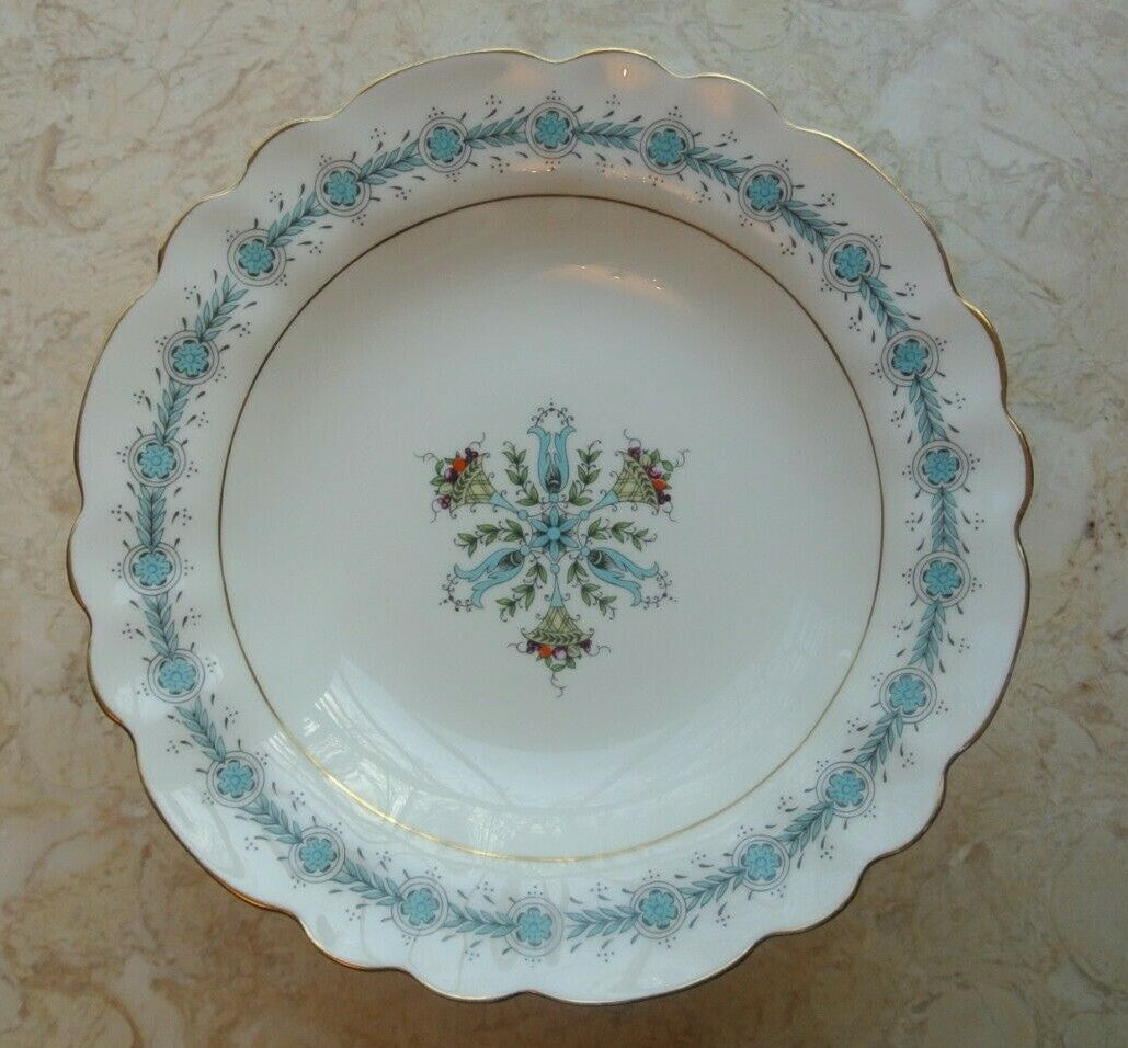 Vintage 1950's Ceramic White Compote with Blue and Gold  Rims