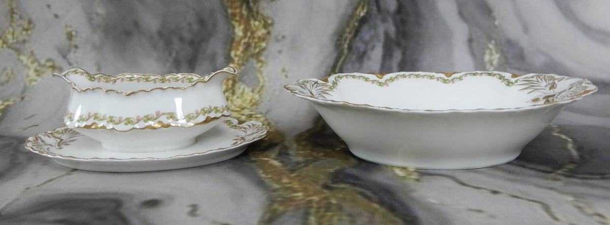 Antique Haviland Limoges "Clover Leaf " Oval Vegetable Bowl and Gravy Boat