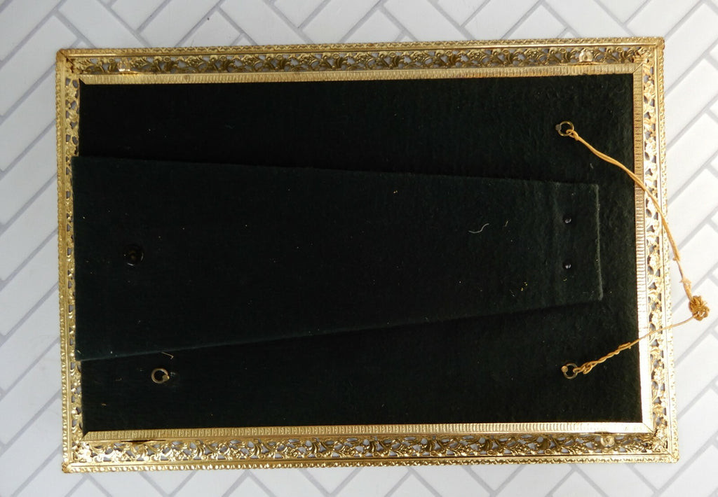Vintage Mirrored Vanity Tray Filigree Brass Edge 16-1/2"