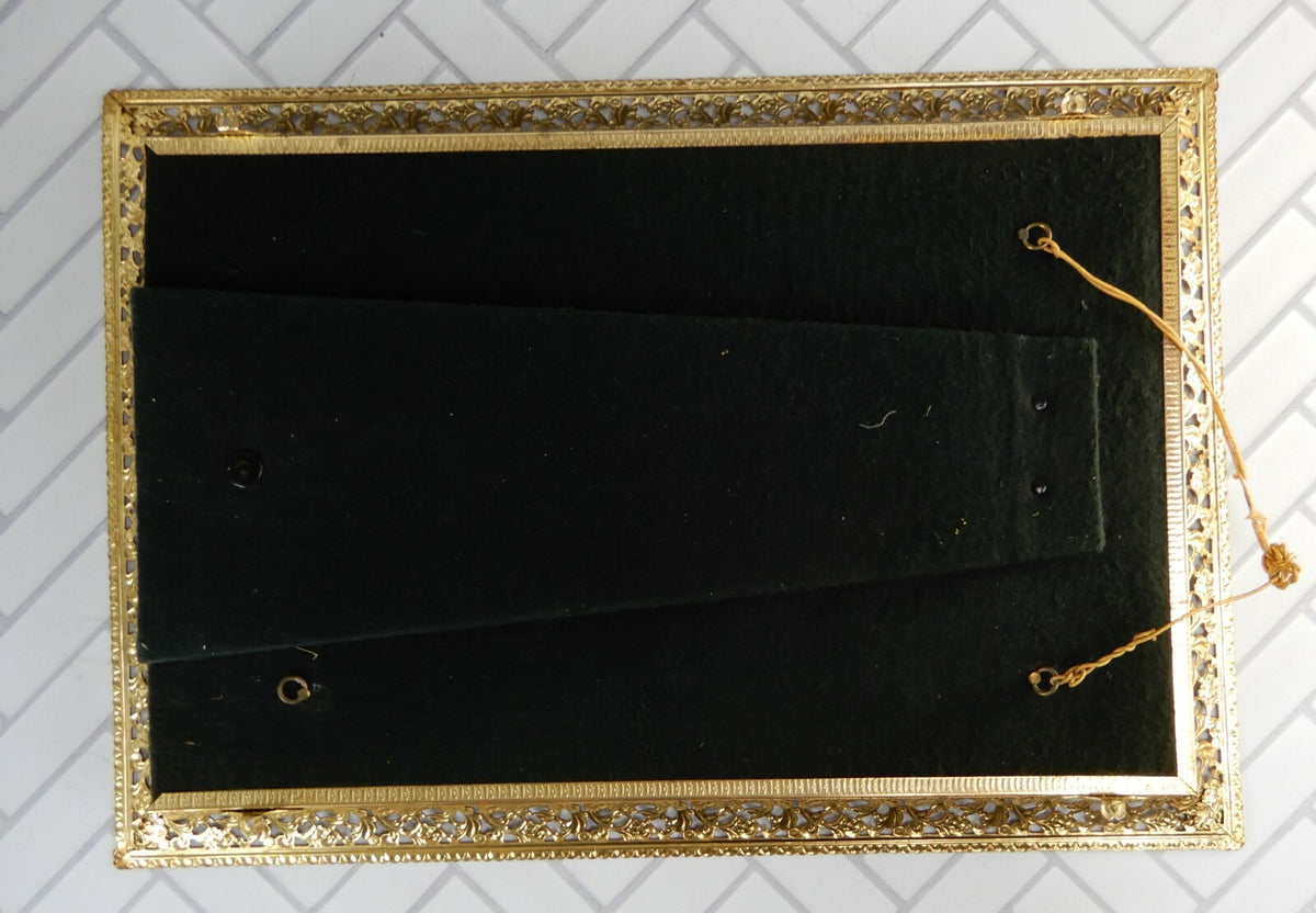Vintage Mirrored Vanity Tray Filigree Brass Edge 16-1/2"