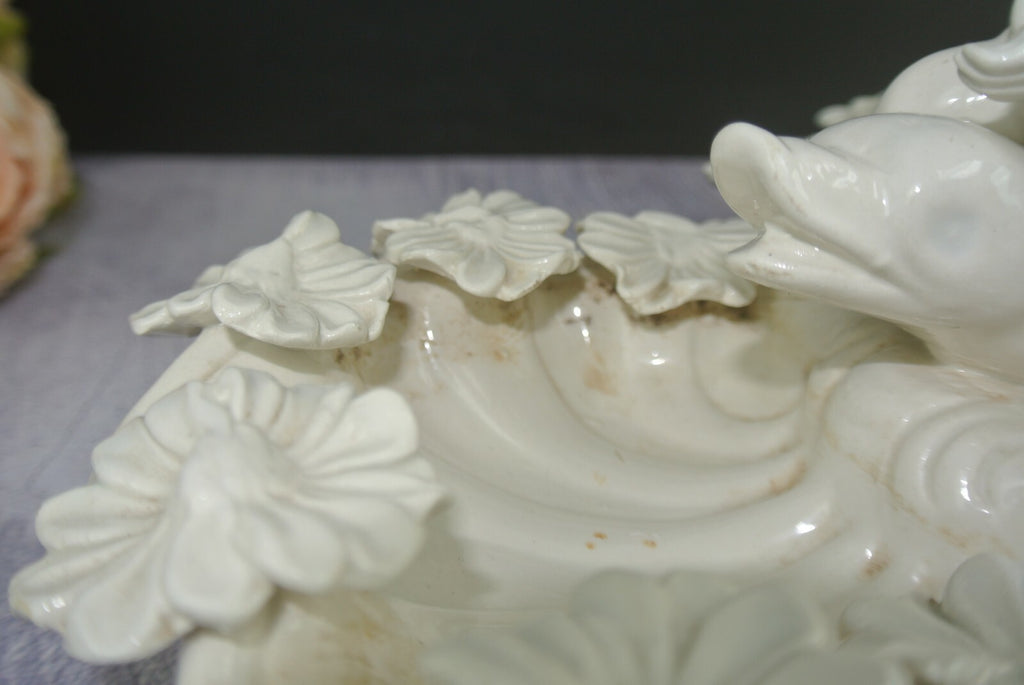 Ceramic Double Candlebra Clamshell Base Baby Cherub Babies Sitting on Dolphins