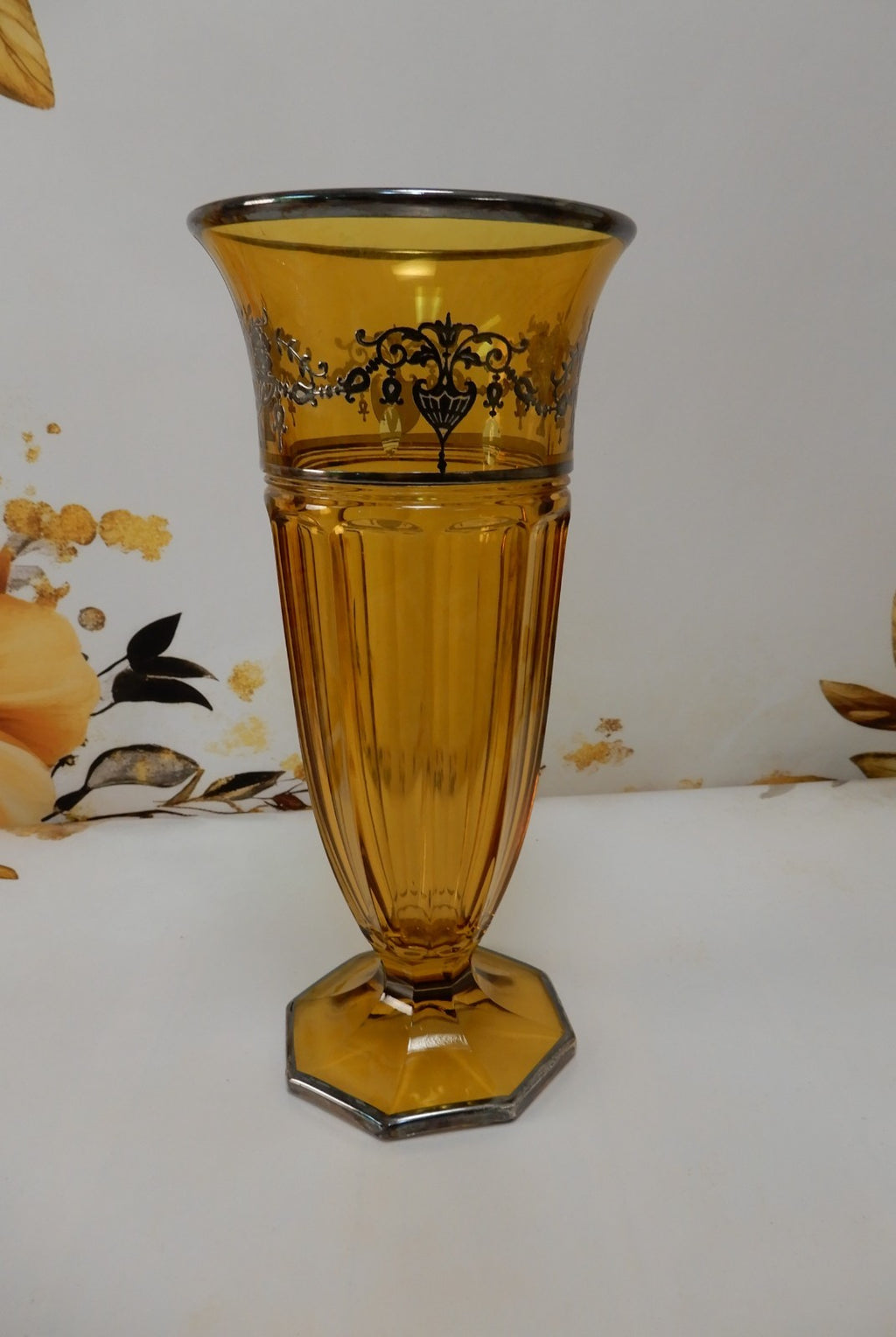 Vintage Antique Amber Glass Tall Vase w/ Silver Overlay Decoration