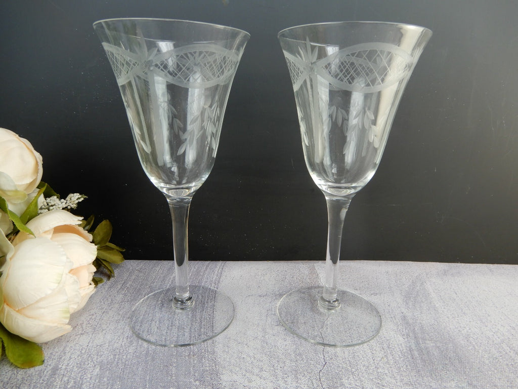 Set of 2 Vintage Long Stem Etched Water/Wine Glasses