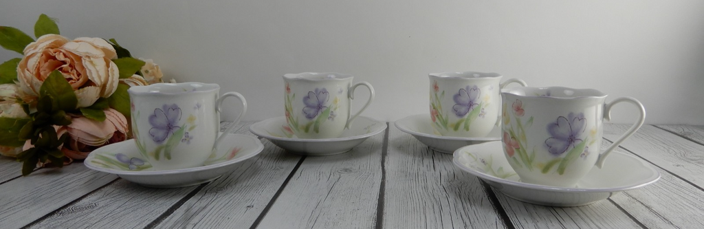 Set of  4 Mikasa Rondo "Water Colors" Pattern EG 911 Cups and Saucers
