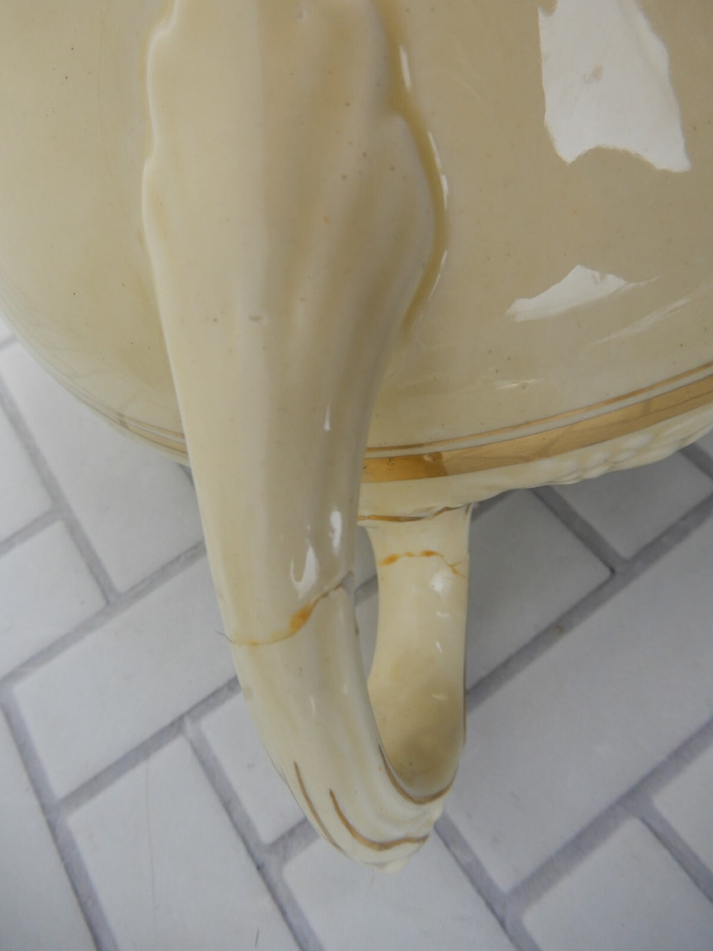 Crown Ducal Gold Gild Band Florentine Sand Cream Teapot with Fixed Handle As Is