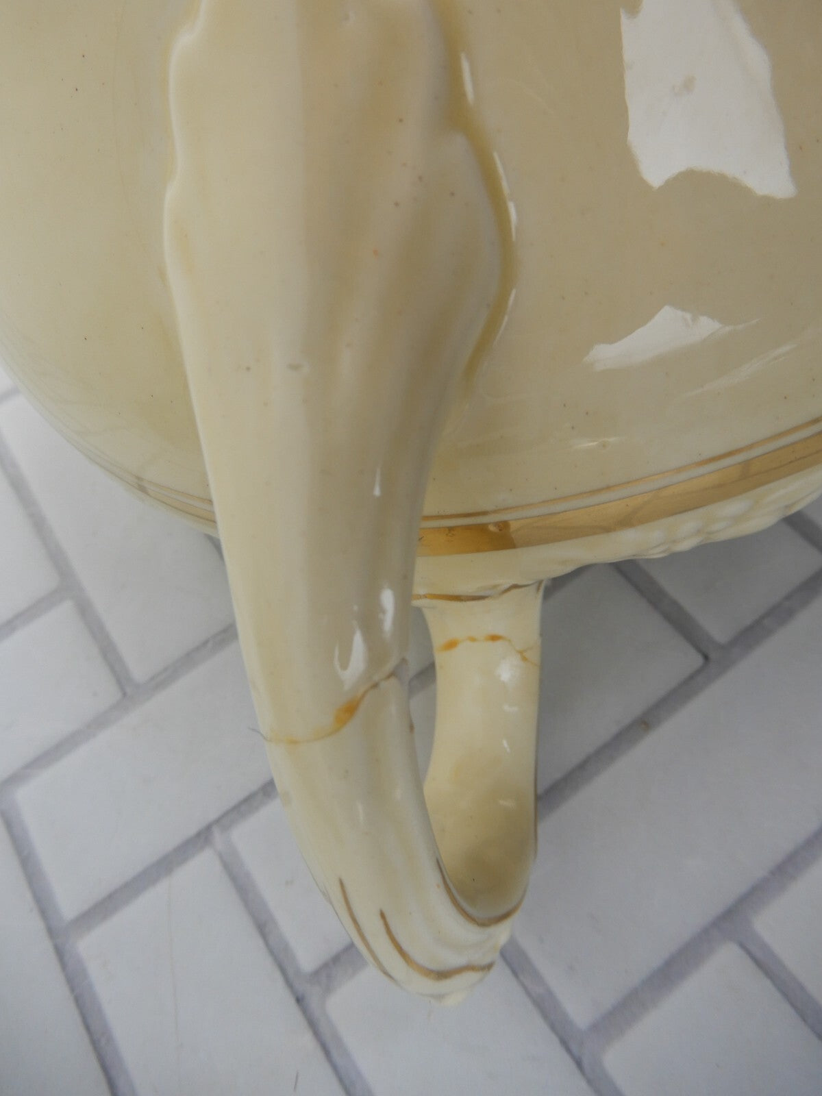 Crown Ducal Gold Gild Band Florentine Sand Cream Teapot with Fixed Handle As Is