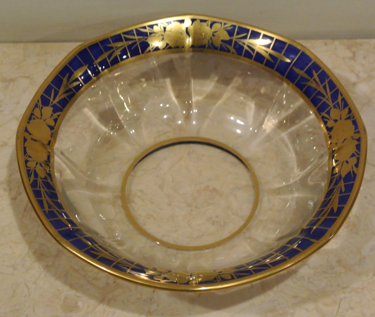 Blue Gold Glass Bowl, Clear Center, German Style (9" Diameter)