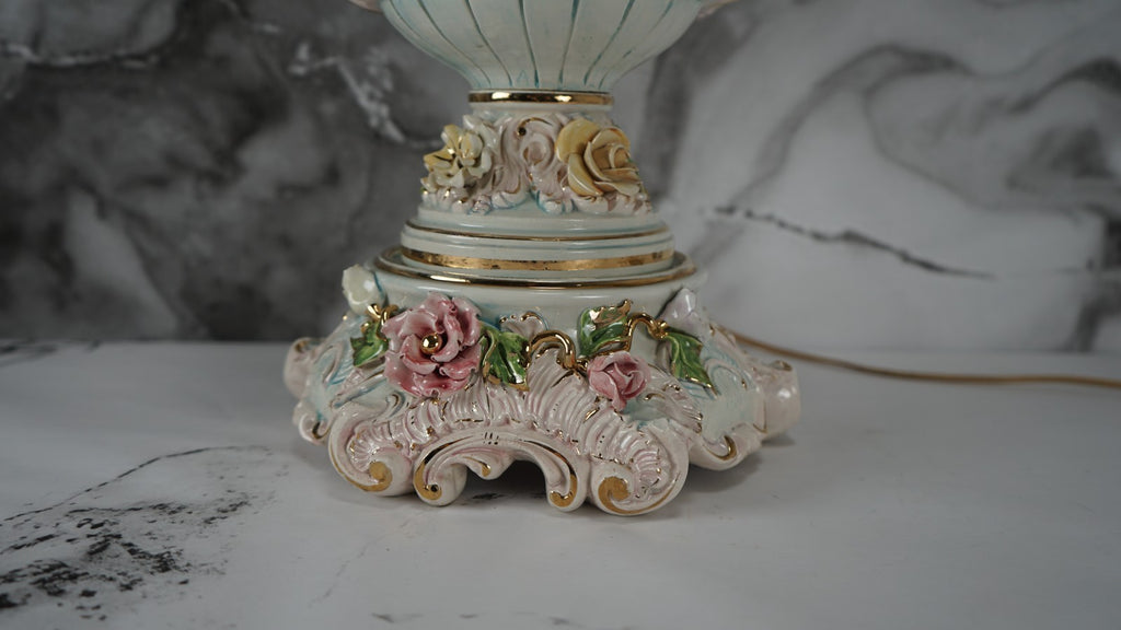 Vintage Porcelain Floral Capodimonte 3 way Light Italian Table Lamp w/Cherubs