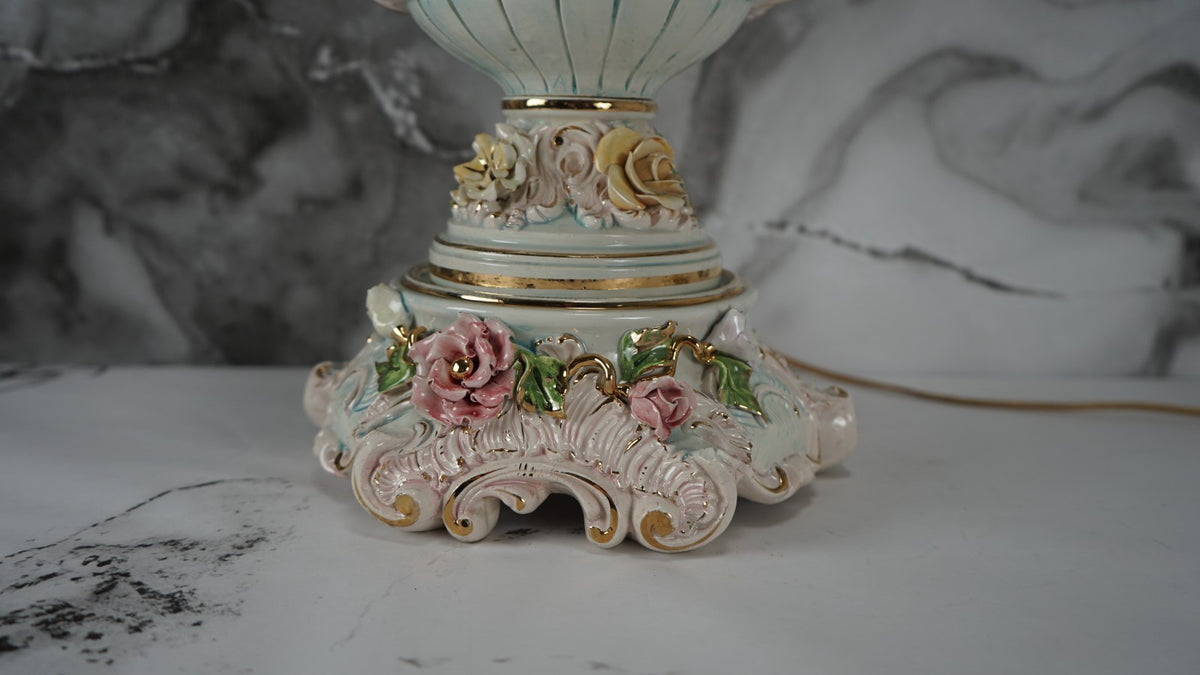 Vintage Porcelain Floral Capodimonte 3 way Light Italian Table Lamp w/Cherubs