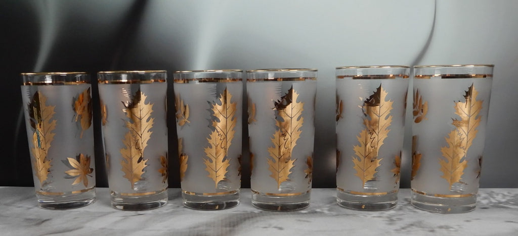 Vtg. Libbey Frosted Golden Foliage Gold Leaf Glass Highball Tumblers, Set of 6