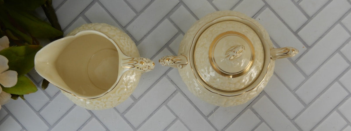 Vintage Crown Ducal Gold Gild Band Florentine Sand Cream Sugar Bowl and Creamer
