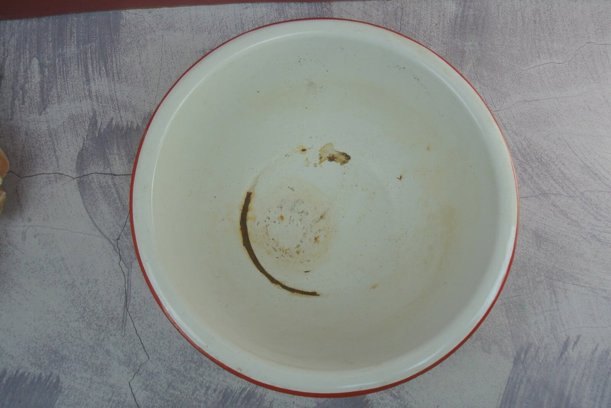 Pair Of Vintage Vintage White Black and Red Trimmed Enamelware As Is