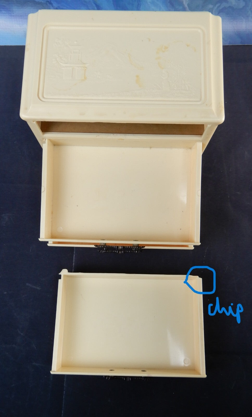 Vintage Asian Celluloid Bakelite Beige Jewelry Box Embossed Black Dragon Handles