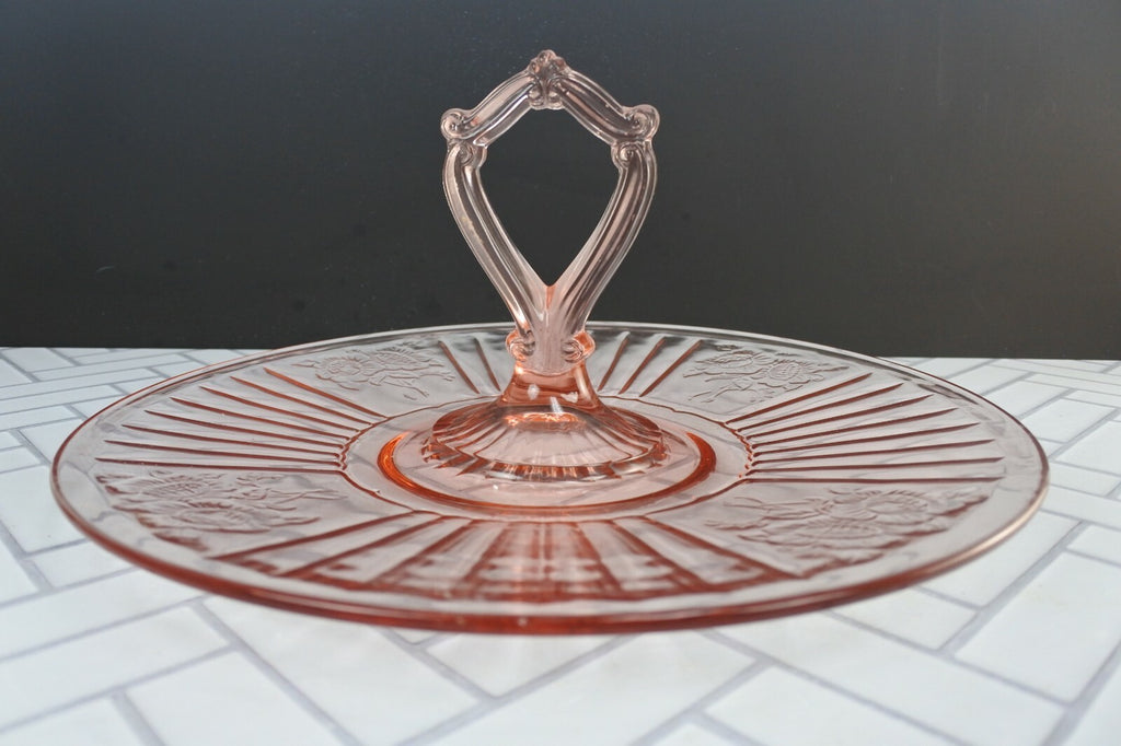 Hocking Glass Mayfair aka Open Rose, Pink, Center Handled Sandwich Server Tray