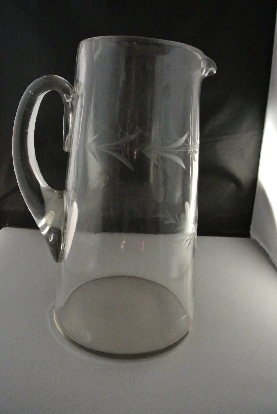 Vintage 1980 Pitcher ~ Cut Glass Etched Flowers & Leaves
