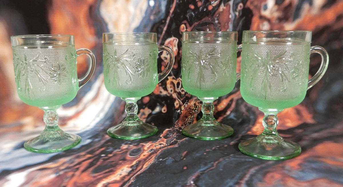 Set of 4 Tiara Chantilly Green Irish Coffee Mugs, Sandwich Daisy Pattern 7oz