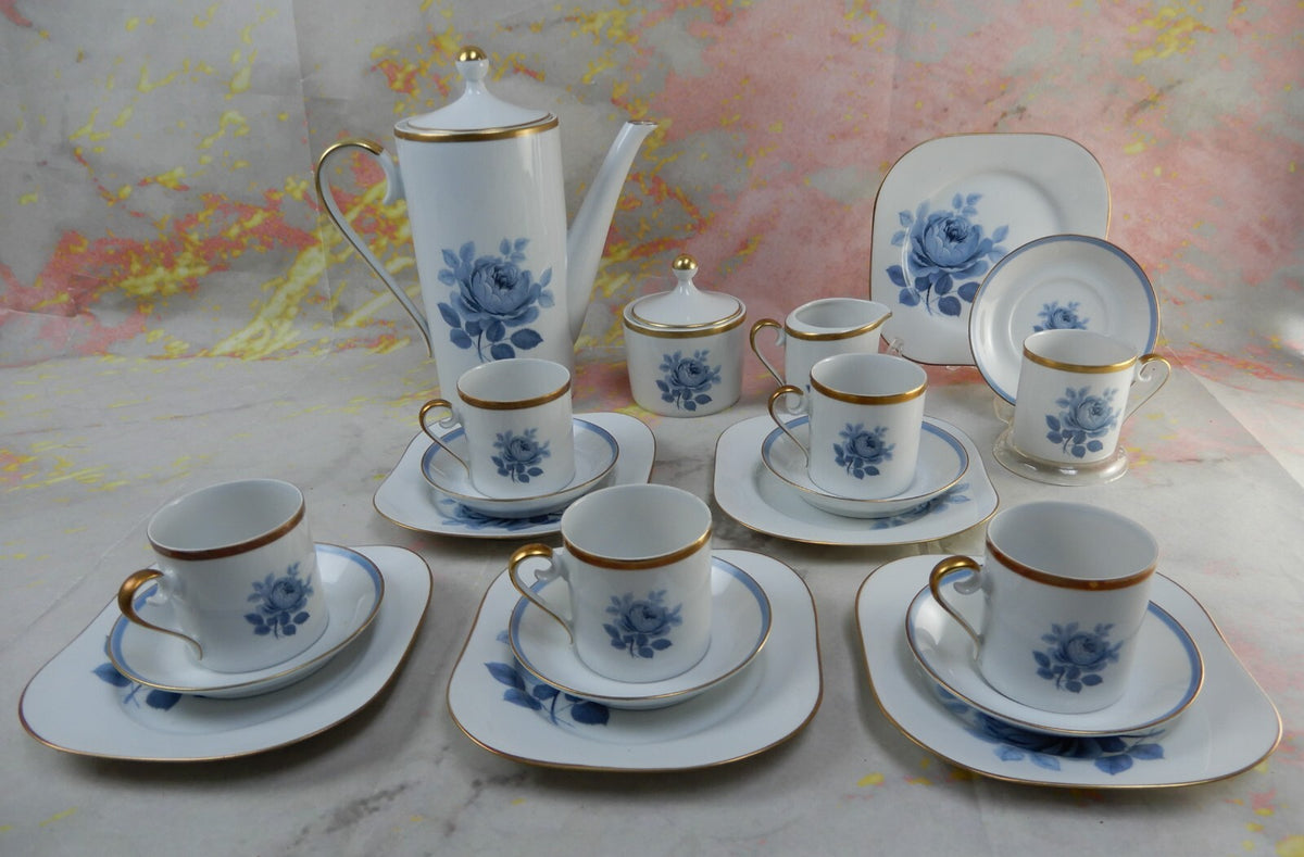 21 Set of Sweden Hackefors Porslin with Blue Roses Espresso Coffee Set For Six
