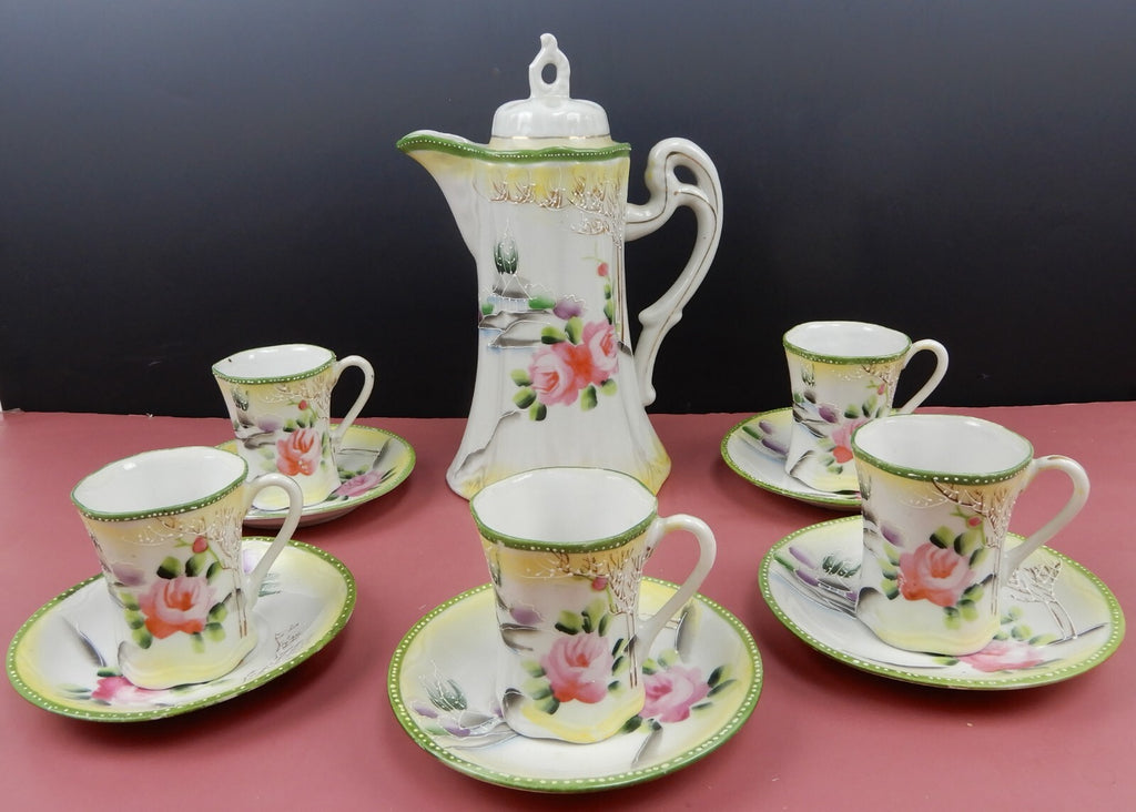 Vintage Nippon Takito TT Chocolate Pot w/ 5 Cups and Saucers Hand Painted