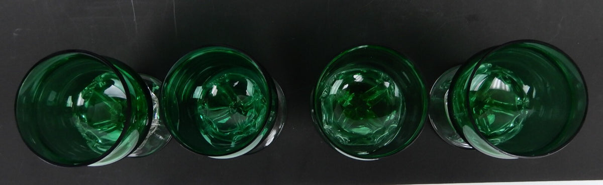 4 Hand Blown Forest Green With Clear Stemmed Cordial Liqueur 4oz Glasses