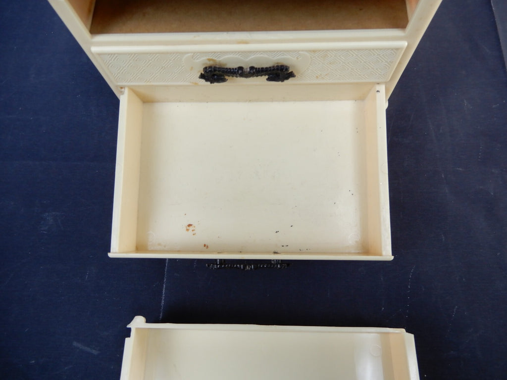 Vintage Asian Celluloid Bakelite Beige Jewelry Box Embossed Black Dragon Handles