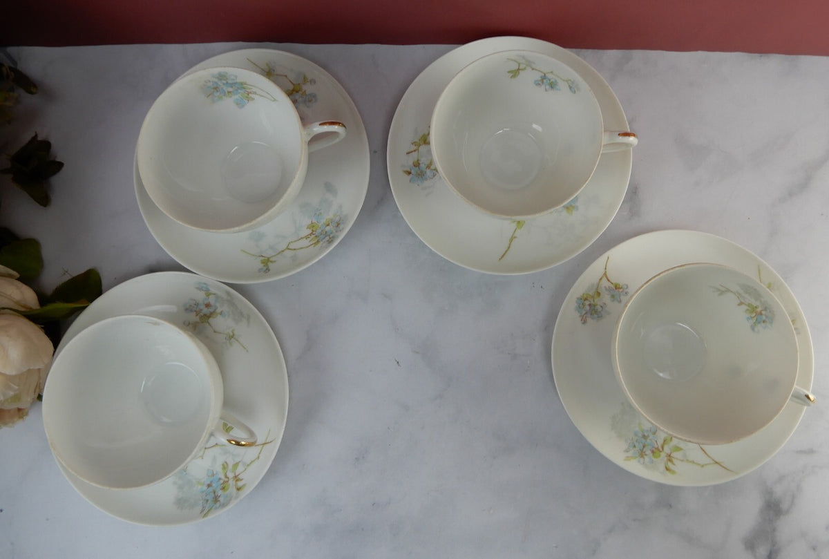 Antique Limoges A. Lanternier France Porcelain Blue Floral 4 Cups and Saucers