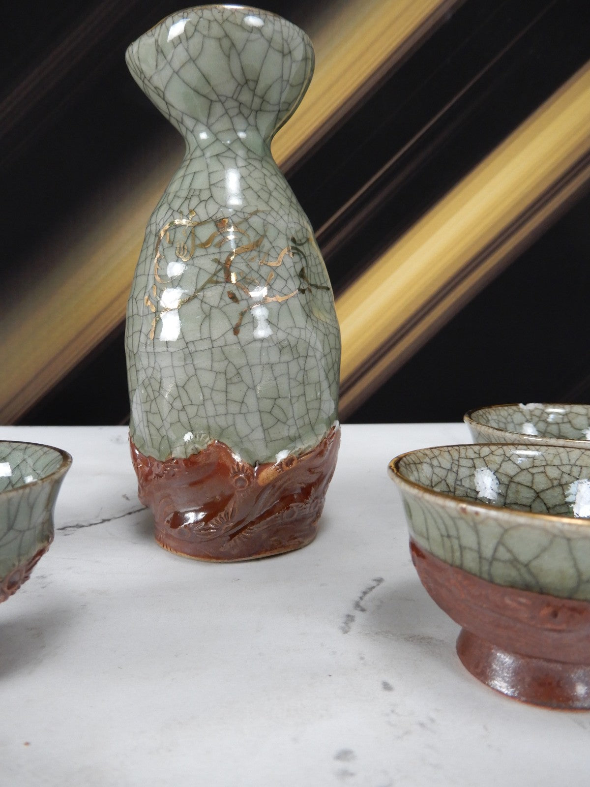 Vtg Japanese Obori Soma Ware Guinomi by Hansho “kikuoshi” Sake Pitcher and Cups