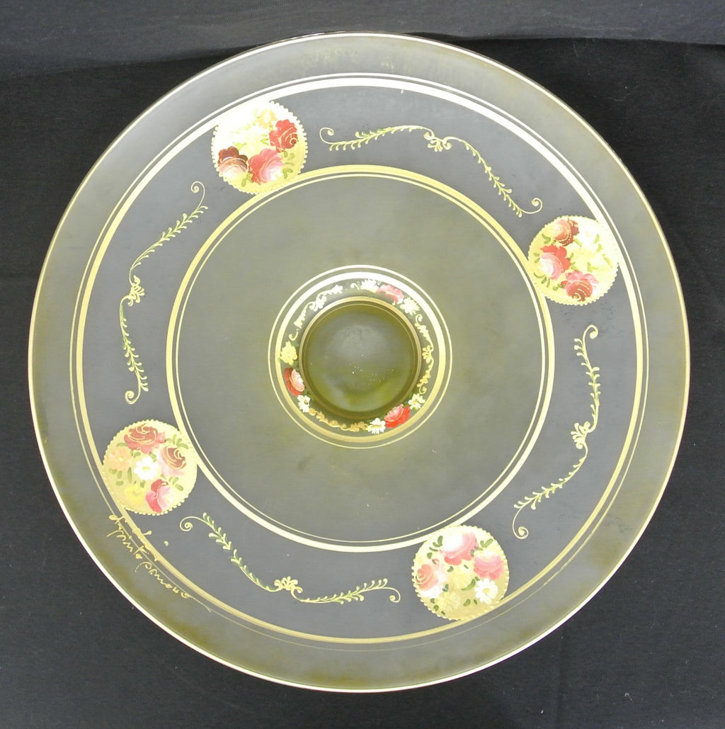 Vintage Bohemian Glass Hand Painted Enamel Footed Bowl, Stand