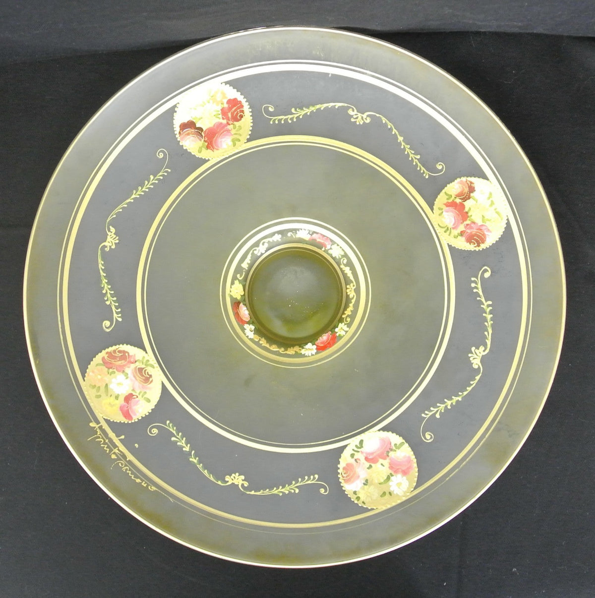 Vintage Bohemian Glass Hand Painted Enamel Footed Bowl, Stand