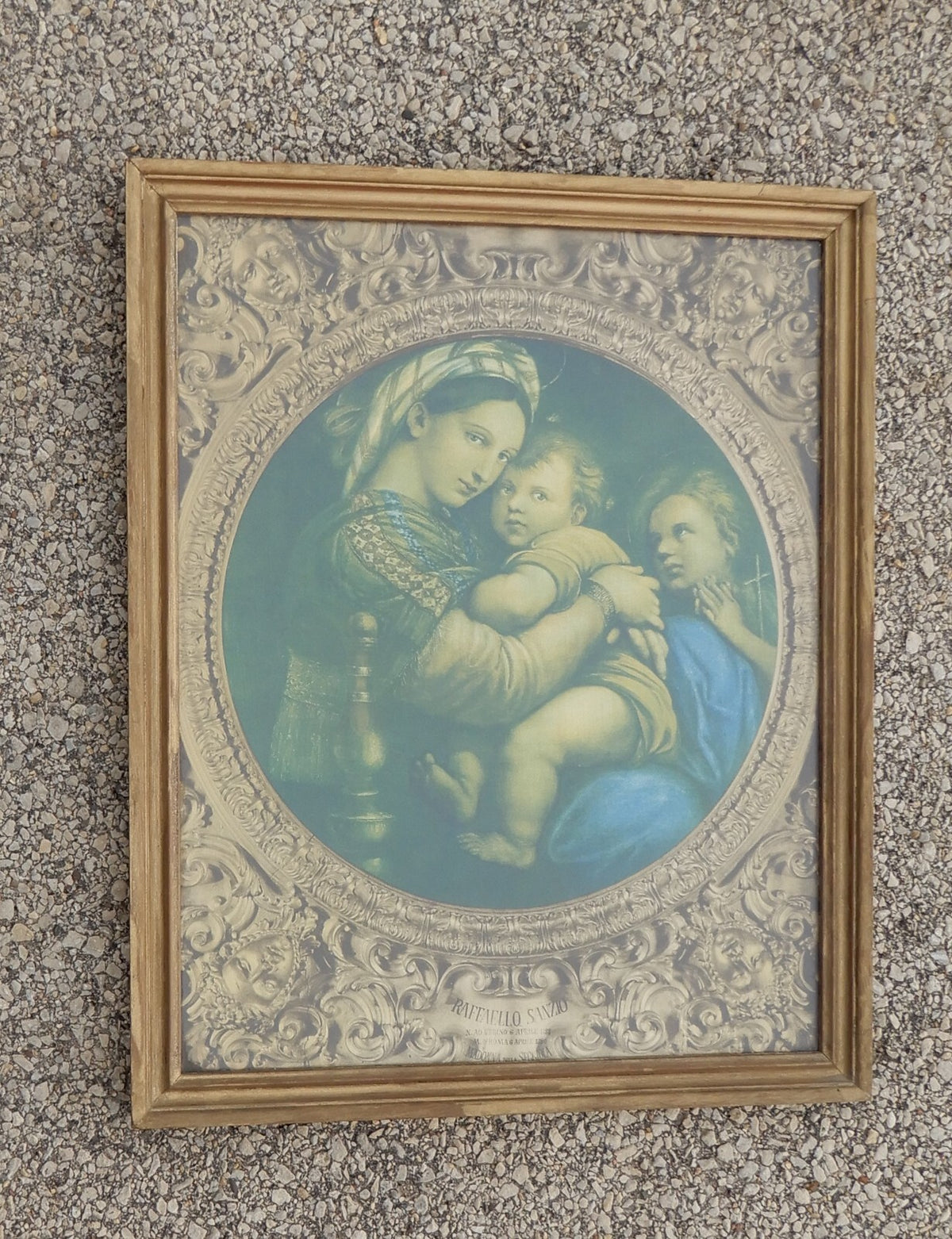 Antique Large Wooden Framed with Print o "Madonna della Sedia" by Raffaello