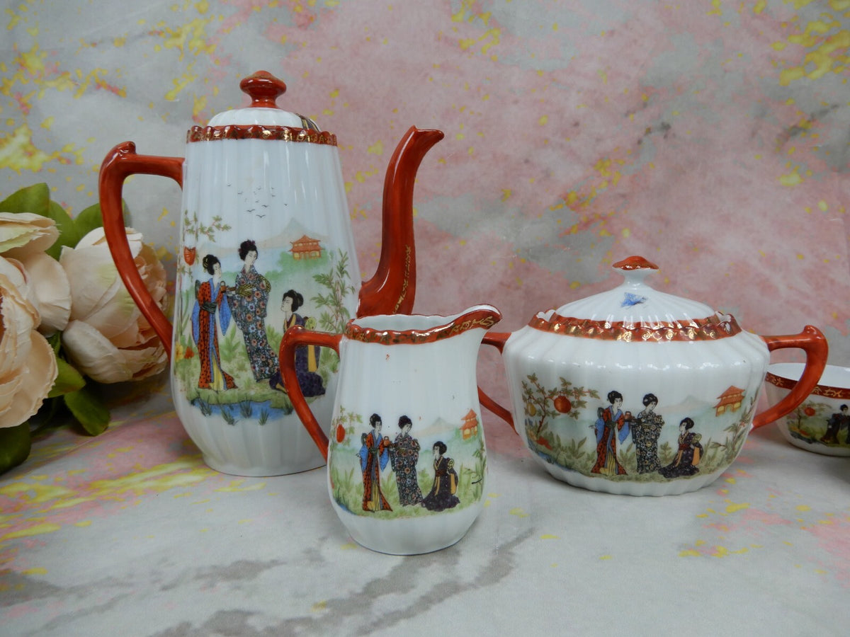 Vintage Children's Pot,Sugar Bowl,Creamer,5 Cups and Saucers w/ Geishas Red Mark
