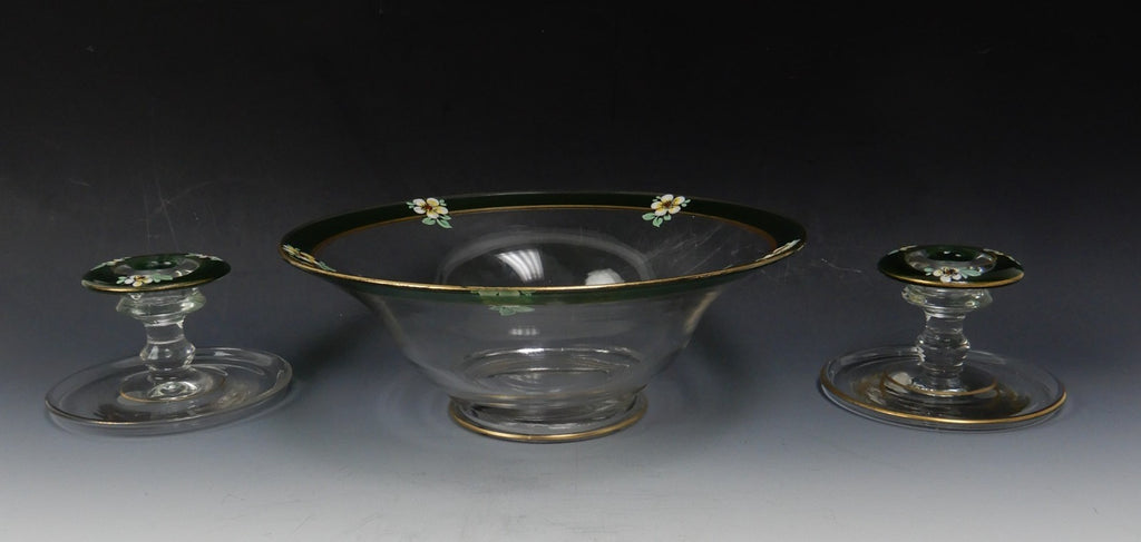 Indiana Glass Co Enamel Hand Painted Vegetable Serving Bowl w/ Candle Holders