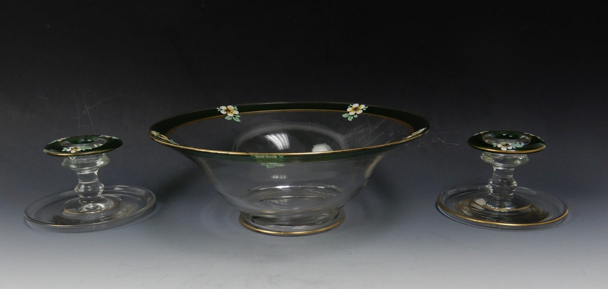 Indiana Glass Co Enamel Hand Painted Vegetable Serving Bowl w/ Candle Holders