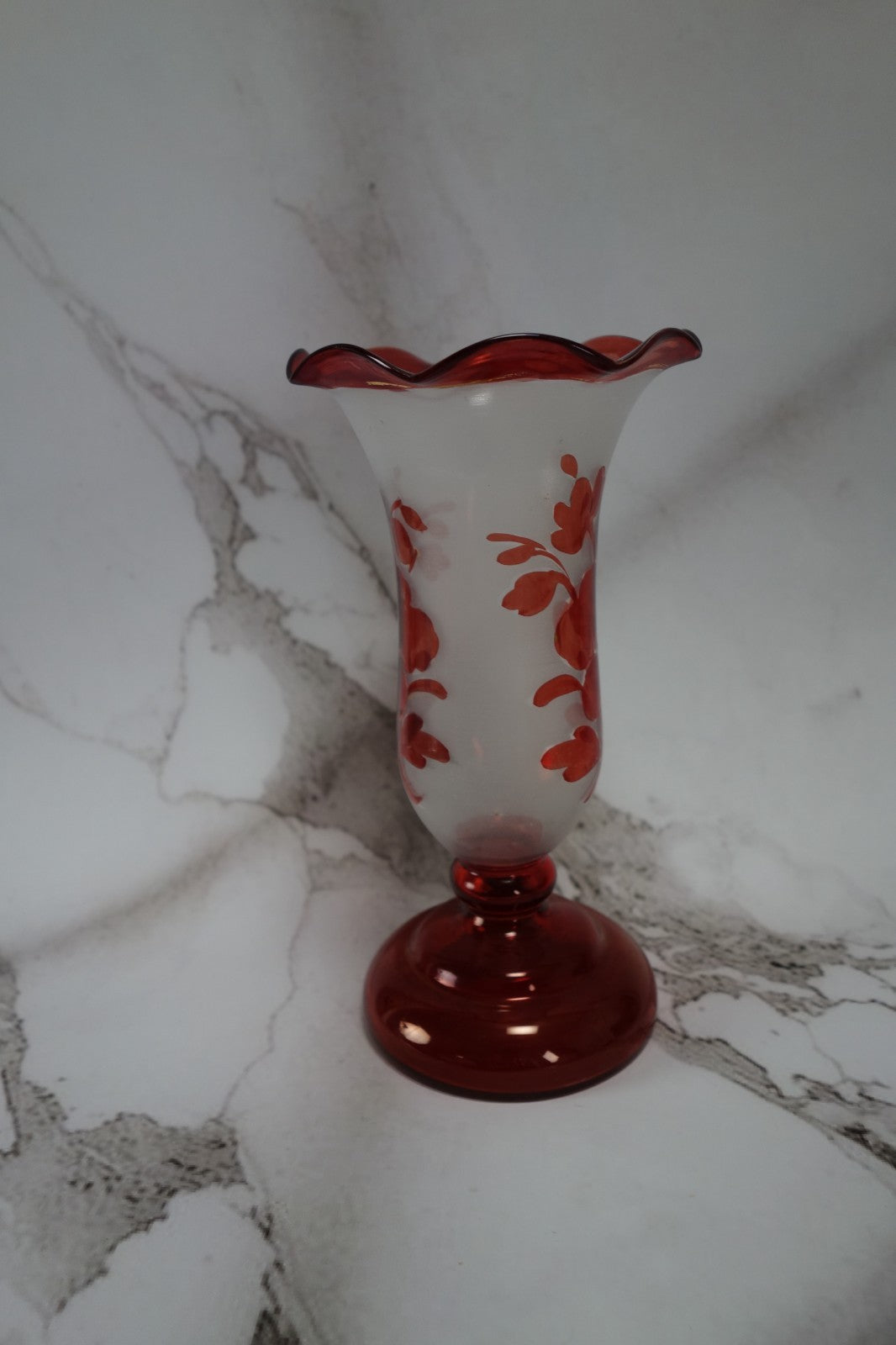 Vintage Bohemian Czech Ruby Red flashed Hand Blown Art Glass 7-1/2” Vase