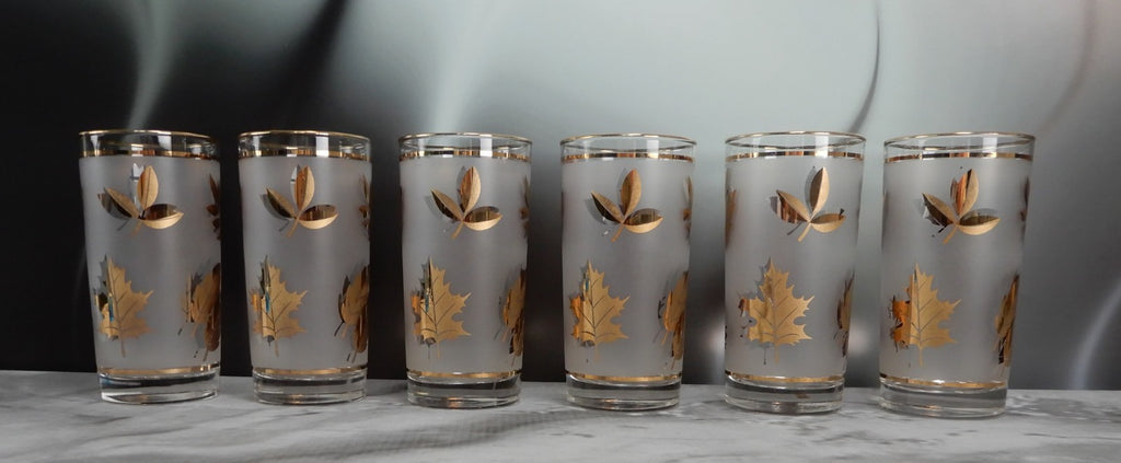 Vtg. Libbey Frosted Golden Foliage Gold Leaf Glass Highball Tumblers, Set of 6