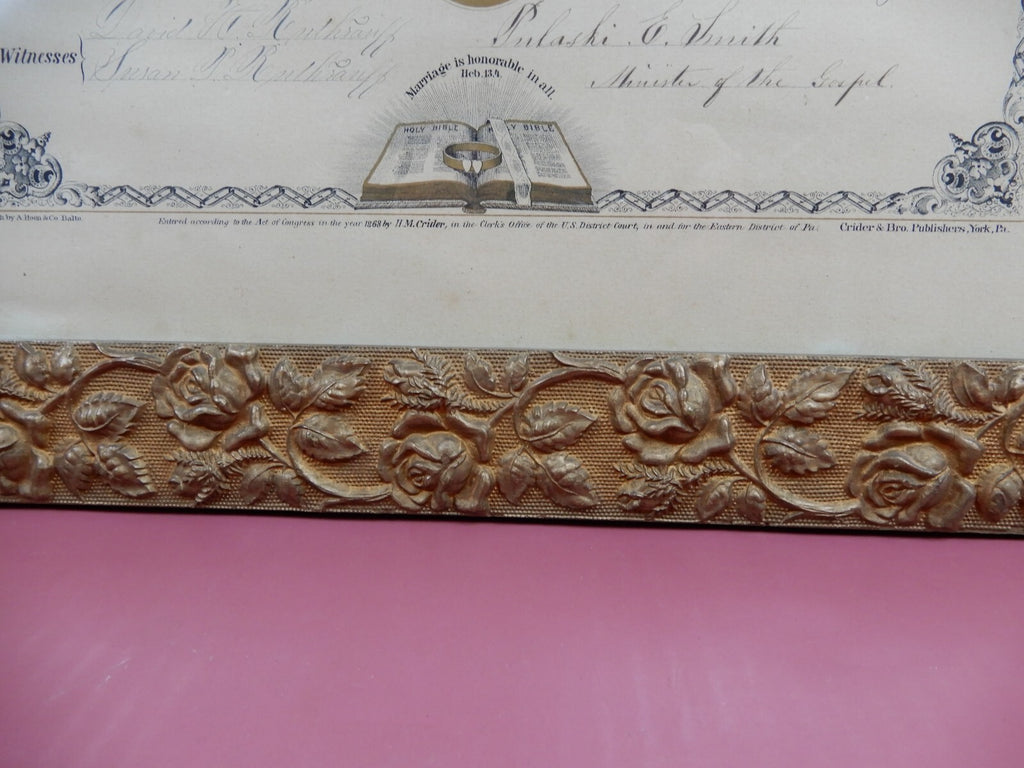 Circa 1872 Marriage Certificate in Gold Embossed Wood Hand Painted 22" Frame