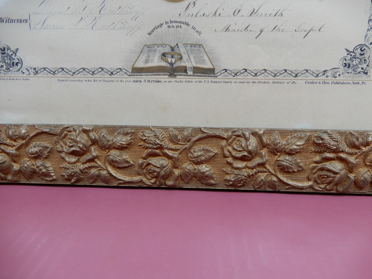 Circa 1872 Marriage Certificate in Gold Embossed Wood Hand Painted 22" Frame