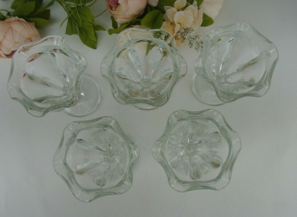 Vtge Tulip Ruffled Rim Pressed Glass Stemmed Parfait/Ice Cream Glasses Set of 5