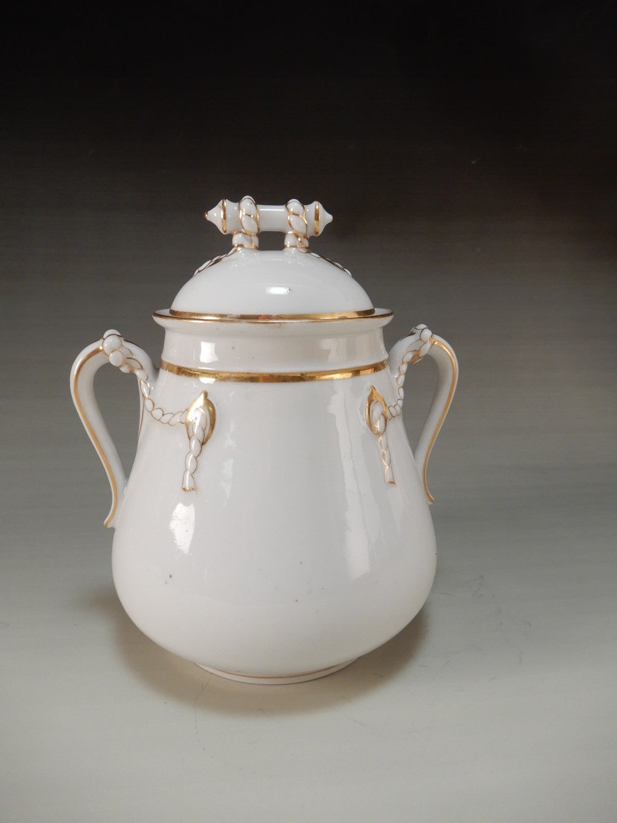Antique H & Co. Limoges Rope Pattern w/Gold Rims 6-3/4" High Oversize Sugar Bowl