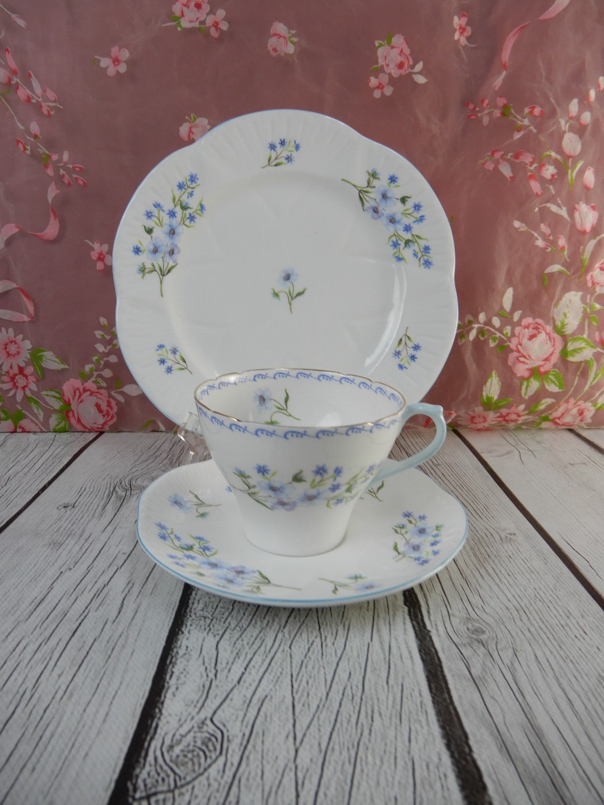 Shelley Blue Rock Trio Cup, Saucer and Dessert Plate Cambridge Shape English