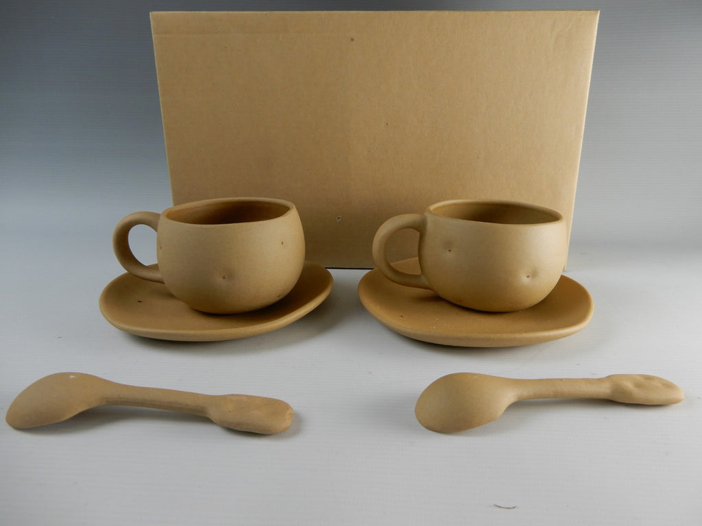 Vtg 1980s Ceramic Japan Kato Kogei Potato Kun Set of Two Cups,Saucers and Spoons
