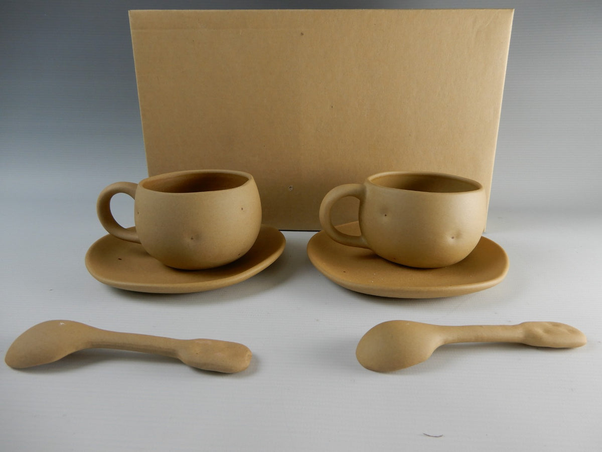 Vtg 1980s Ceramic Japan Kato Kogei Potato Kun Set of Two Cups,Saucers and Spoons