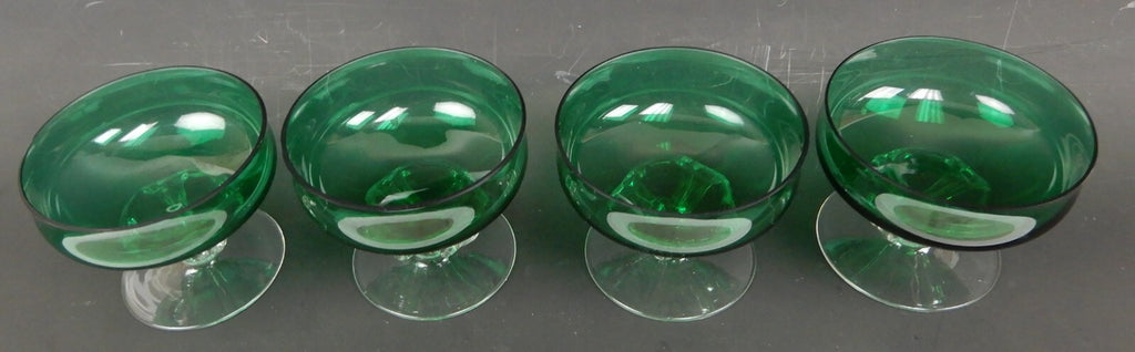 4 Hand Blown Forest Green with Clear Stemmed Sherbet 8 oz Glasses