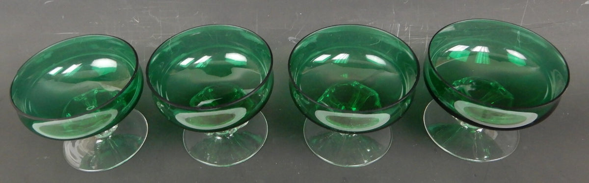 4 Hand Blown Forest Green with Clear Stemmed Sherbet 8 oz Glasses